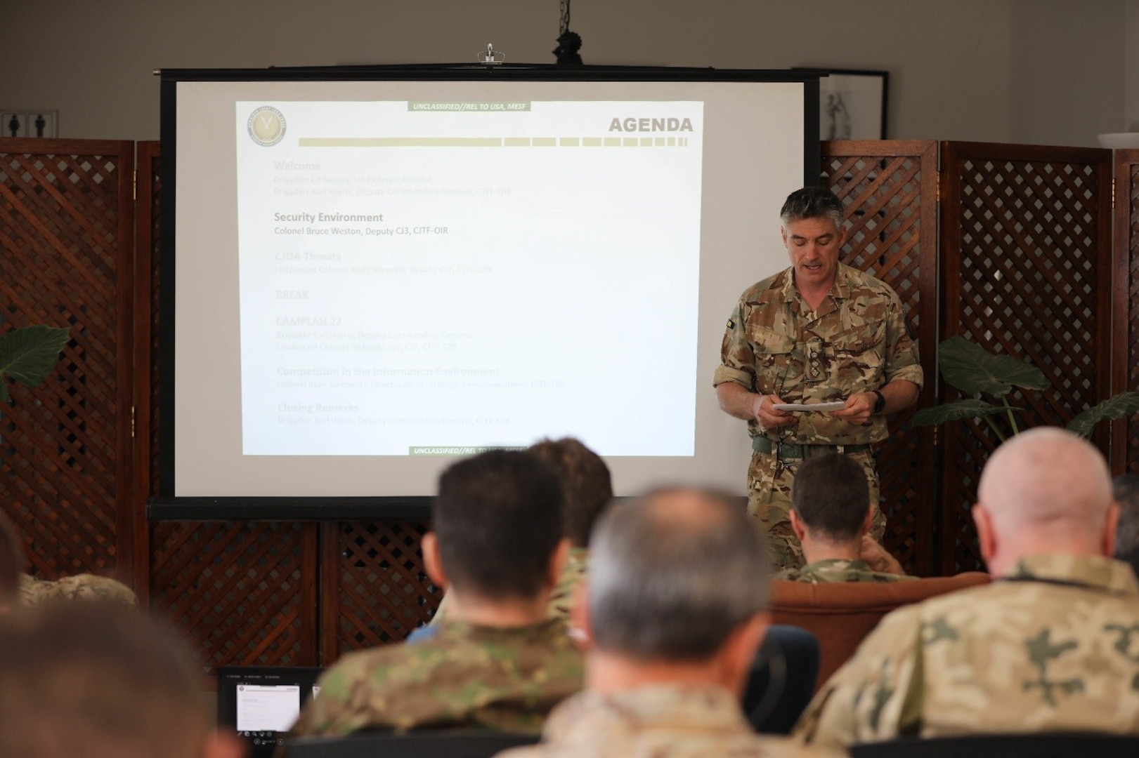 Col. Bruce Weston, deputy CJ3, Combined Joint Task Force – Operation Inherent Resolve (CJTF-OIR), gives a brief on the security environment during the defense attaché forum in Baghdad, Iraq, March 17, 2022. The defense attaché forum serves as an opportunity to build-relationships among Global Coalition members, and as a gateway to discuss topics pertaining to the enduring defeat of Da’esh including CJTF – OIR’s progress and areas of needed improvement. (U.S. Army photo by Staff Sgt. Bree-Ann Ramos-Clifton)