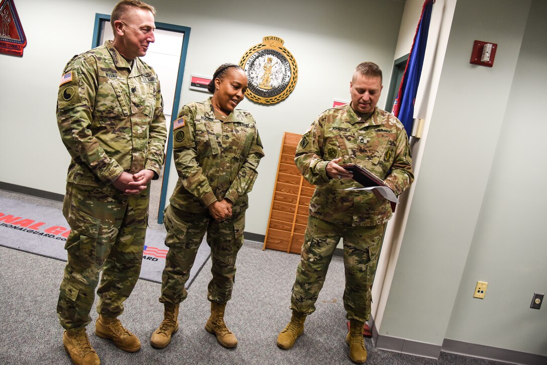 The Virginia Army National Guard’s Recruiting and Retention Battalion recognizes Sgt. 1st Class Jo-Ann Lindquist-Rucker as the battalion’s Noncommissioned Officer of the Year for 2021 during a small ceremony held March 15, 2022, at Fort Pickett, Virginia. Lindquist-Rucker serves as the battalion’s senior supply sergeant. (U.S. Army National Guard photo Sgt. 1st Class Terra C. Gatti)