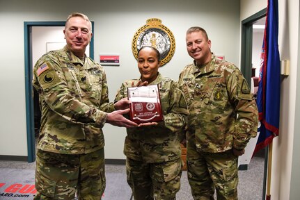 The Virginia Army National Guard’s Recruiting and Retention Battalion recognizes Sgt. 1st Class Jo-Ann Lindquist-Rucker as the battalion’s Noncommissioned Officer of the Year for 2021 during a small ceremony held March 15, 2022, at Fort Pickett, Virginia. Lindquist-Rucker serves as the battalion’s senior supply sergeant. (U.S. Army National Guard photo Sgt. 1st Class Terra C. Gatti)