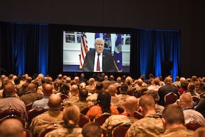 Secretary of the Air Force Frank Kendall addresses the Logistics Officer Association Symposium in Salt Lake City, March 16, 2022. Kendall underscored the importance of logistics in executing his operational imperatives. The non-profit LOA has served as the premier professional development organization for Air Force logistics, aircraft maintenance, and munitions officers for the last 40 years. (U.S. Air Force courtesy photo by Donna Parry)