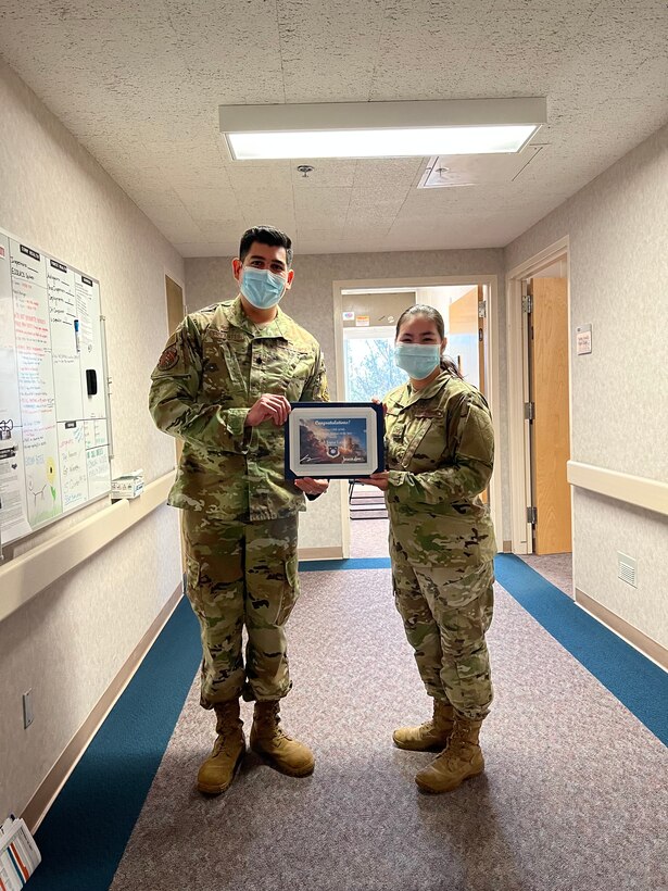 Senior Airman Joana Lanag, 30th Medical Group public health technician, receives the Public Health Airman of the Year Award, Nov. 16, 2021 on Vandenberg Space Force Base, Calif. She received this award for all of her hard work she contributes at the 30th Medical Group. (Courtesy photo)