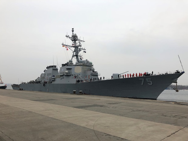 USS Donald Cook (DDG 75) arrives in port at Rostock, Germany, March 17.