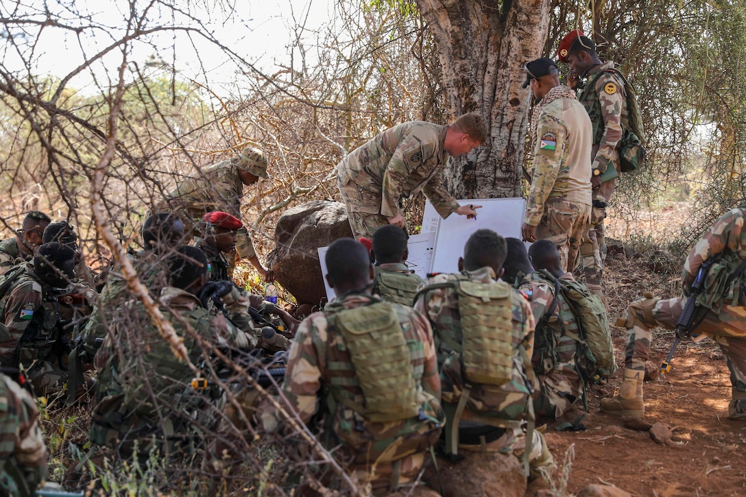 U.S. and Djibouti service members gather for a meeting in the woods.