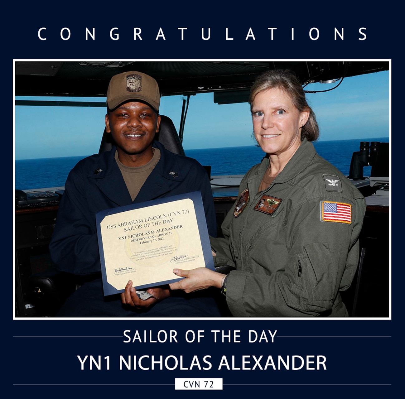 DESRON 21 Sailor YN1 Alexander Wins Sailor of the Day on USS ABRAHAM LINCOLN