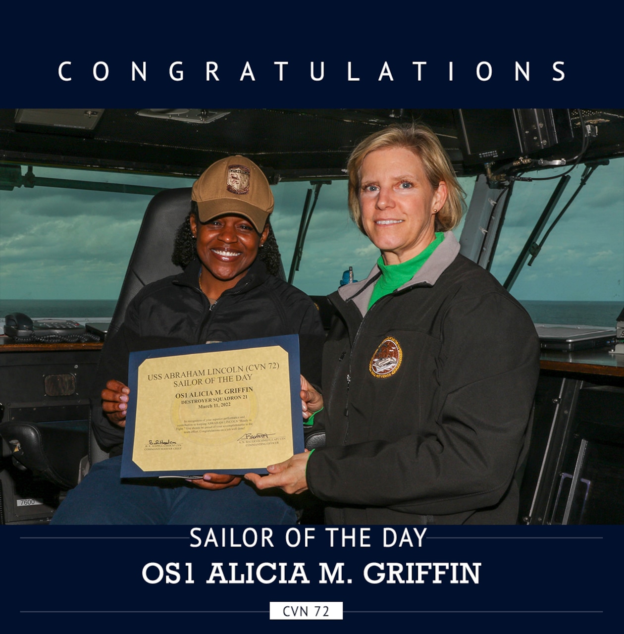 DESRON 21 Sailor OS1 Griffin Wins Sailor of the Day on USS ABRAHAM LINCOLN