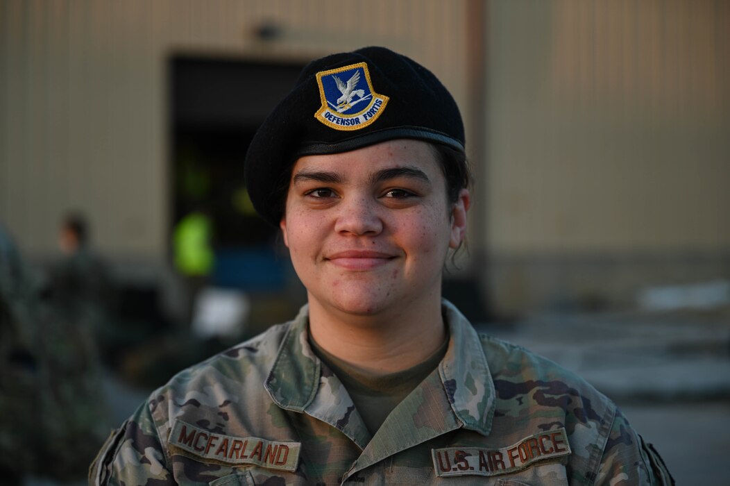 Staff Sgt. Hilary Mcfarland, 375th Security Forces Squadron command support staff noncommissioned officer in charge, waits in a personnel deployment function line during a rapid deployment rehearsal on Scott Air Force Base, Illinois, March 16, 2022. This deployment mobility rehearsal emphasizes readiness of command and control procedures and continuity of operations in a simulated contested environment. (U.S. Air Force photo by Airman 1st Class Mark Sulaica)