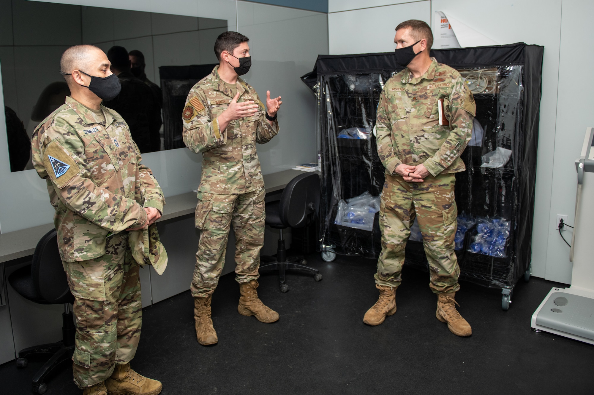 U.S. Air Force Tech. Sgt. Jose Garcia (left), Special Warfare Training Wing, diet therapy technician, briefs U.S. Space Force Brig. Gen. Shawn N. Bratton (right), Commander, Space Training and Readiness Command during his visit to the SWTW, Feb. 16, 2022, Joint Base San Antonio-Chapman Annex, Texas. The STARCOM senior leaders learned how the SWTW combines research, technology integration, strength and conditioning, performance nutrition, physical and occupational therapy, and psychology into the Air Force Special Warfare training pipeline. (U.S. Air Force photo by Thomas Coney).