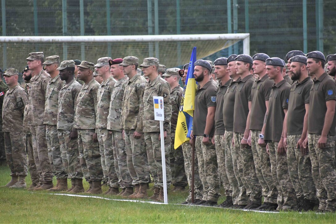 American and foreign soldiers stand in formation.