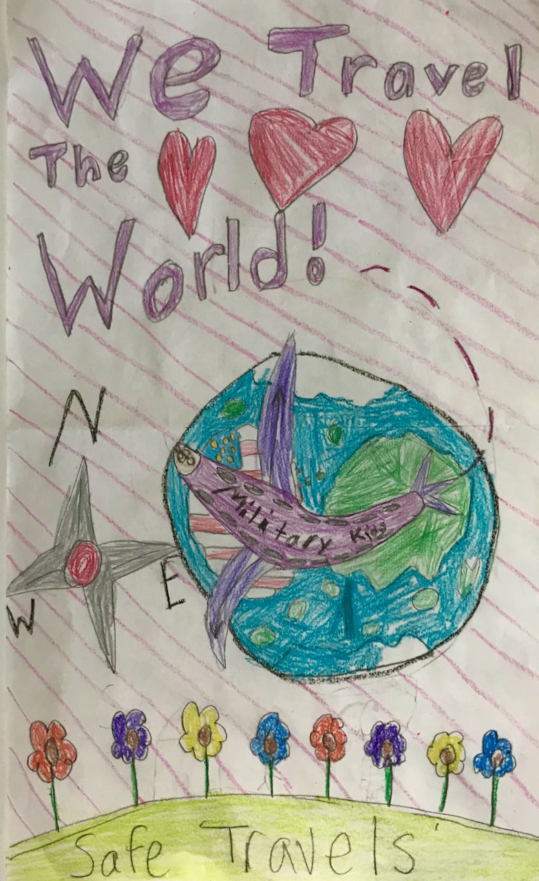 A drawing of the globe, three hearts, a compass, flowers, an aircraft and the words: We travel the world. Safe travels.