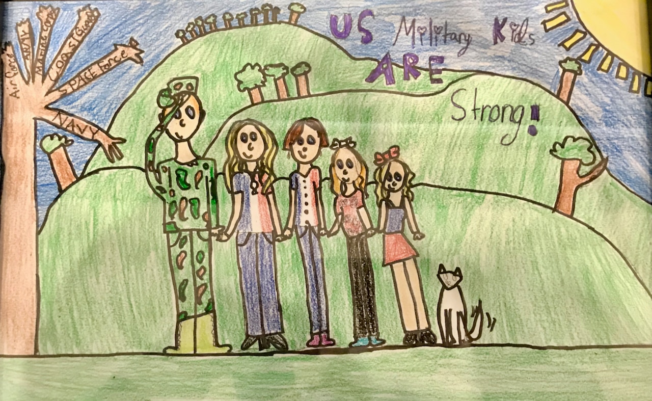 A drawing of the sun, trees, hills, a cat next to five people and the words: Us military kids are strong.