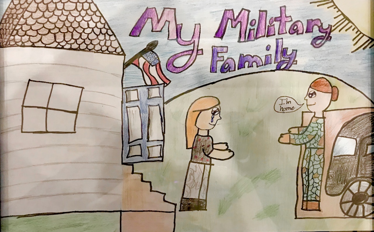 A drawing of the sun, a flag, a bus, a housed and a child greeting an adult and the words: My military family.