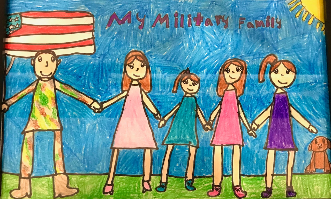 A drawing of the sun, a flag, a dog, several people holding hands and the words: My military family.