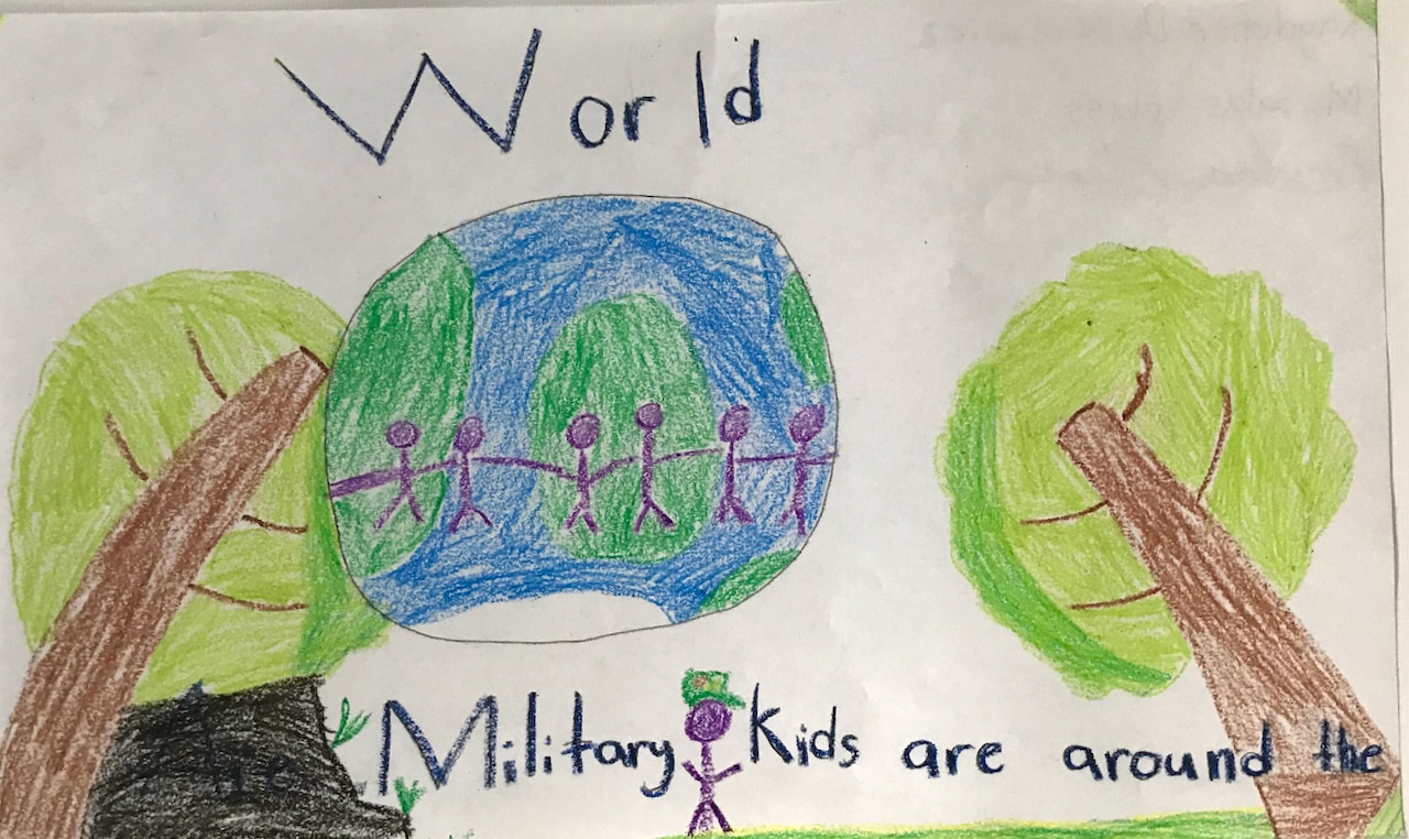 A drawing of a globe, trees and the words: Military kids are around the world.