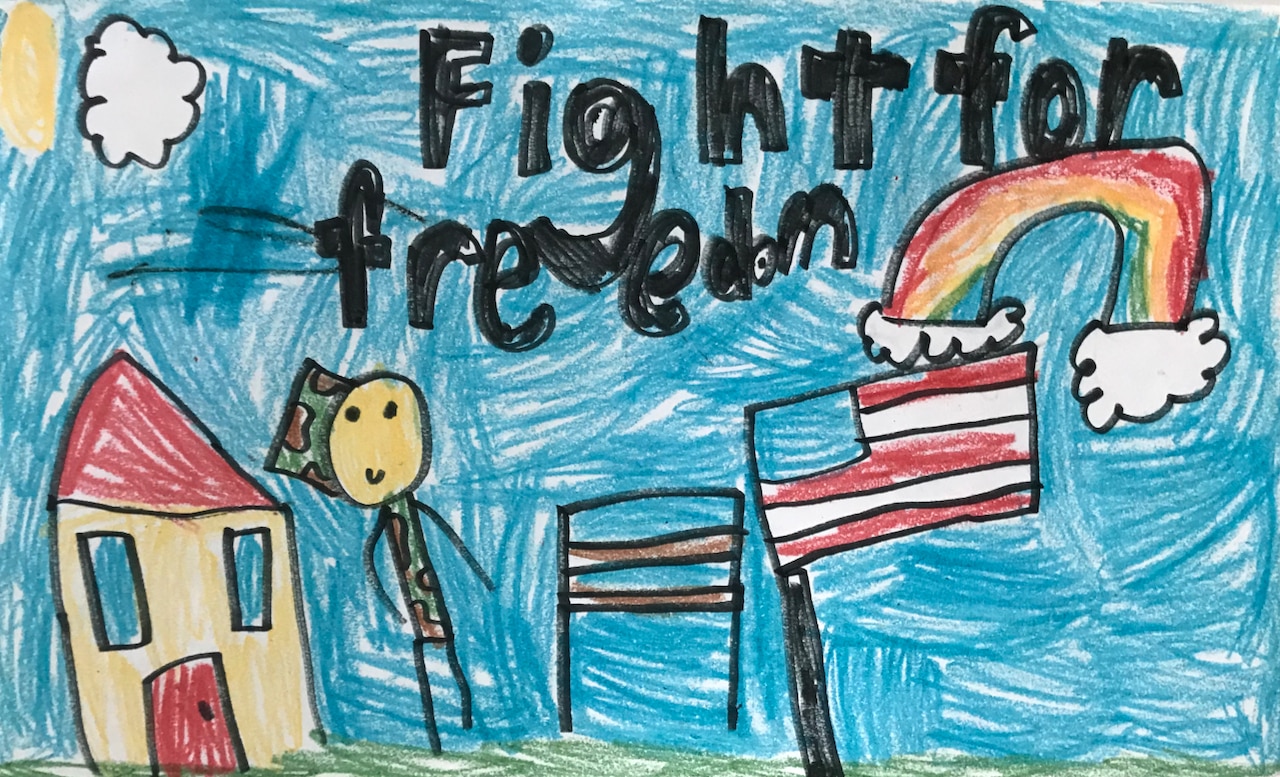 A drawing of a child, a house, the sun, a cloud, flags and a rainbow and the words: Fight for rreedom.