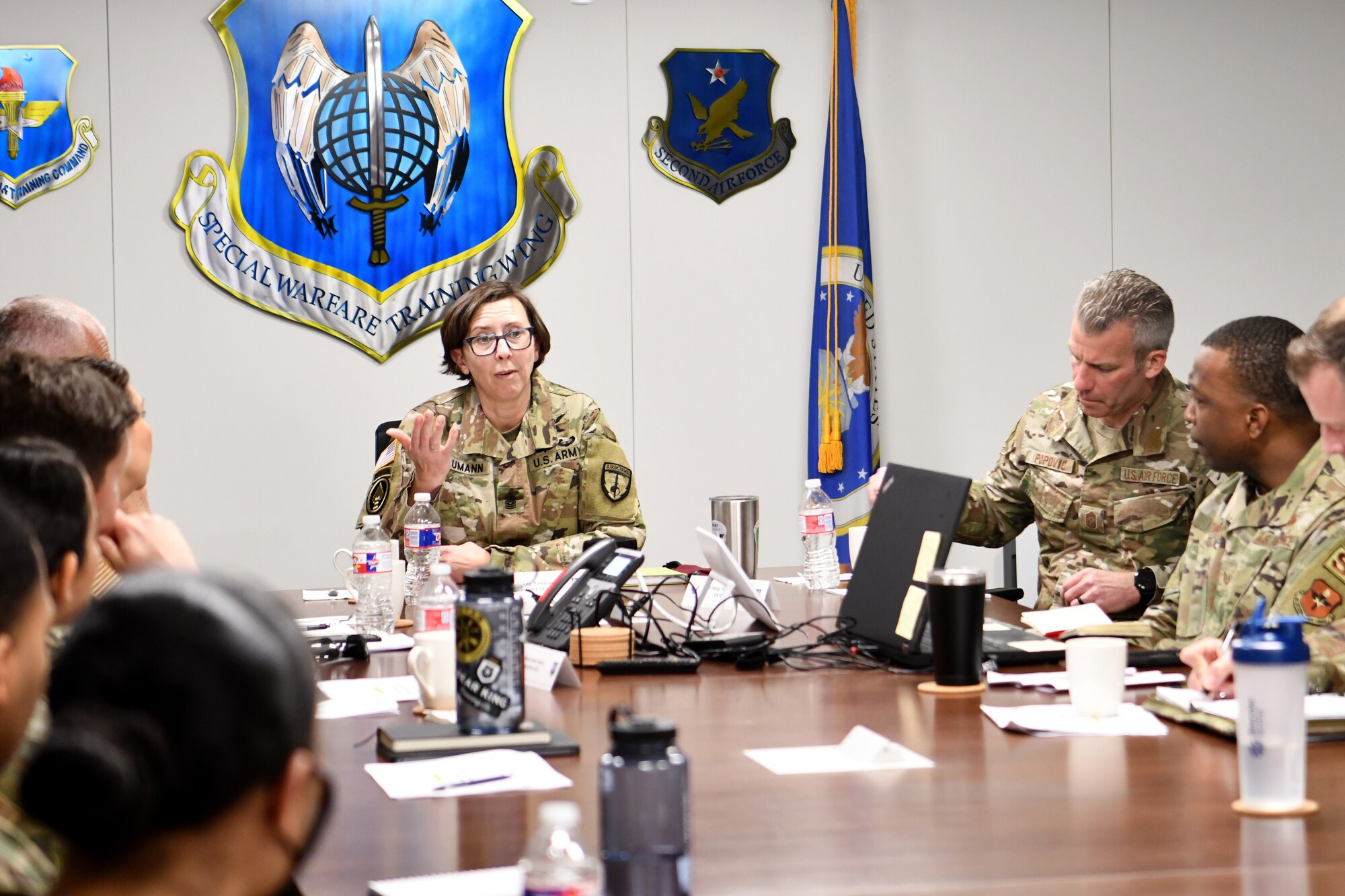 U.S. Army Command Sgt. Maj. JoAnn Naumann, command senior enlisted leader, U.S. Special Operations Command, Korea hosts a professional development session on the current state of SOCKOR with members from the Special Warfare Training Wing on Chapman Training Annex, Joint Base San Anotnio, TX, Mar. 16, 2022. Naumann visited the area to mentor the NCOs and observe the SWTW Assessment and Selection process. (U.S. Air Force photo by Brian Boisvert)