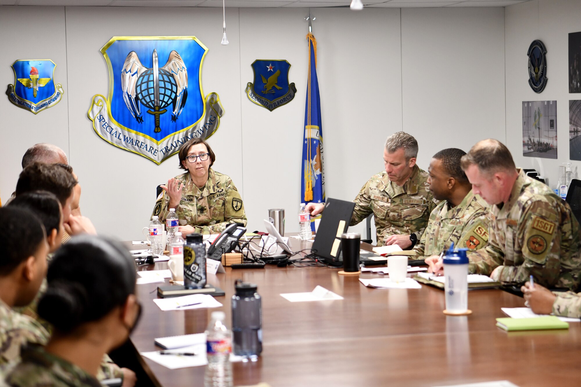 U.S. Army Command Sgt. Maj. JoAnn Naumann, command senior enlisted leader, U.S. Special Operations Command, Korea hosts a professional development session on the current state of SOCKOR with members from the Special Warfare Training Wing on Chapman Training Annex, Joint Base San Anotnio, TX, Mar. 16, 2022. Naumann visited the area to mentor the NCOs and observe the SWTW Assessment and Selection process. (U.S. Air Force photo by Brian Boisvert)
