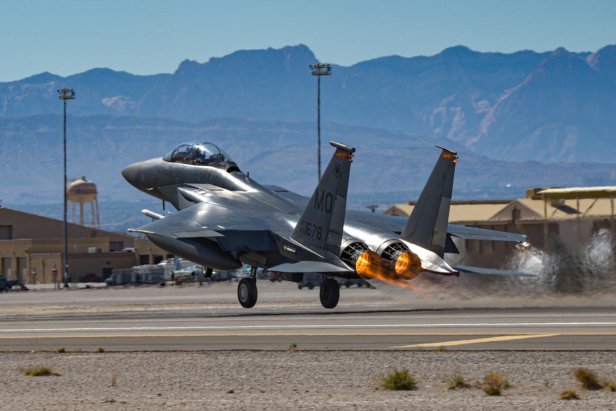 A U.S. Air Force F-15E Strike Eagle from the 389th Fighter Squadron, Mountain Home Air Force Base, Idaho, lifts off for the Nevada Test and Training Range during Red Flag-Nellis 22-2 on Nellis Air Force Base, Nevada, March 9, 2022. The Nevada Test and Training Range is the U.S. Air Force’s premiere military training area with more than 12,000 square miles of airspace. (U.S. Air Force photo by Staff Sgt. Austin Siegel)