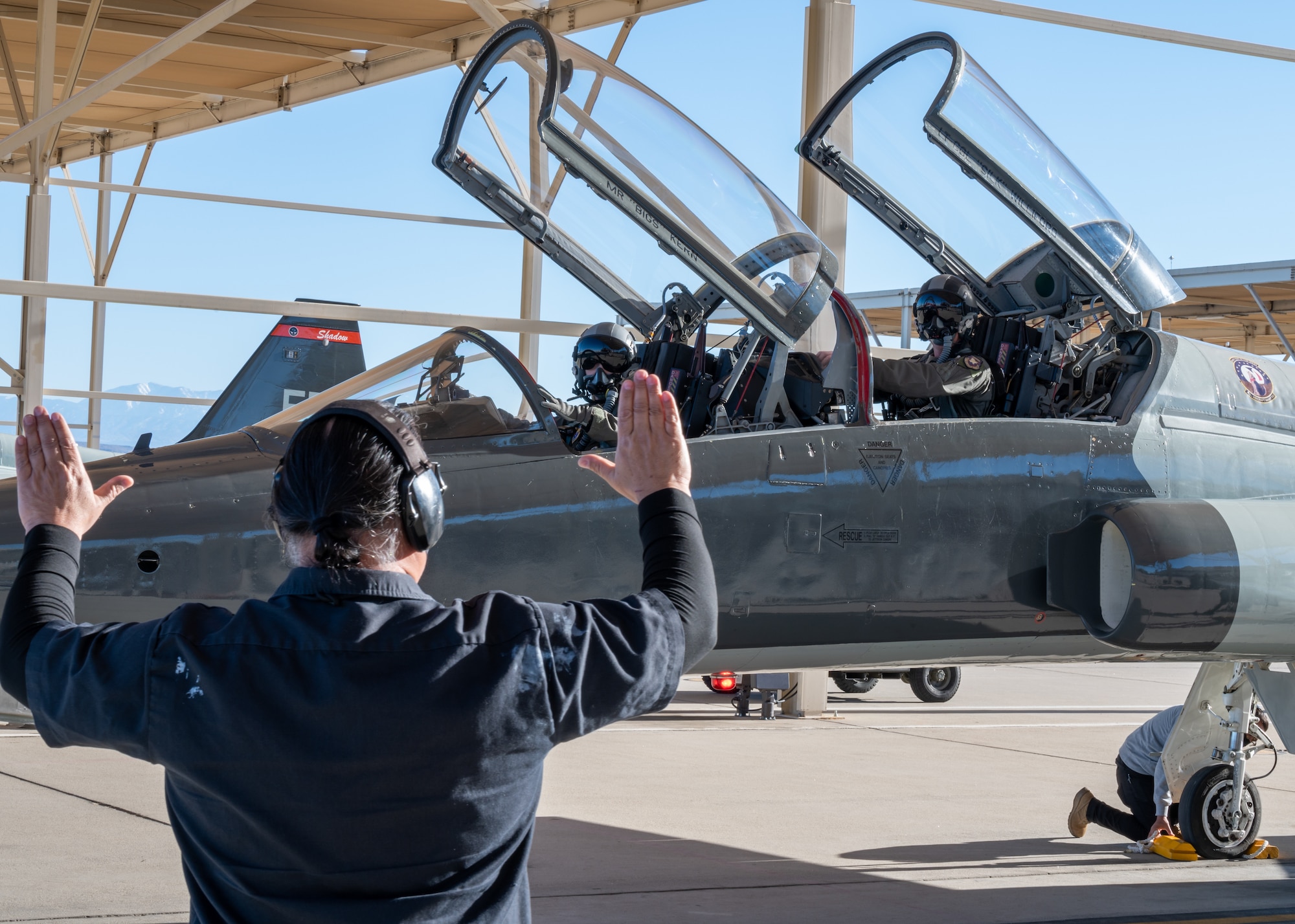 Ground crews welcome back Maj. Gen. Jeannie Leavitt, Department of the Air Force Chief of Safety, from her flight in a T-38 Talon II