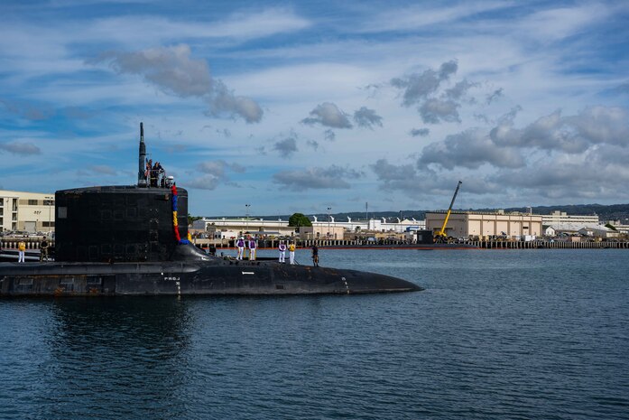USS Minnesota (SSN 783) makes its homecoming arrival at Joint Base Pearl Harbor-Hickam after completing a change of homeport from Groton, Conn., March 17, 2022.