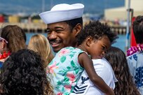 A Sailor assigned to the Virginia-class fast-attack submarine USS Minnesota (SSN 783) reunites with his daughter on the submarine piers at Joint Base Pearl Harbor-Hickam