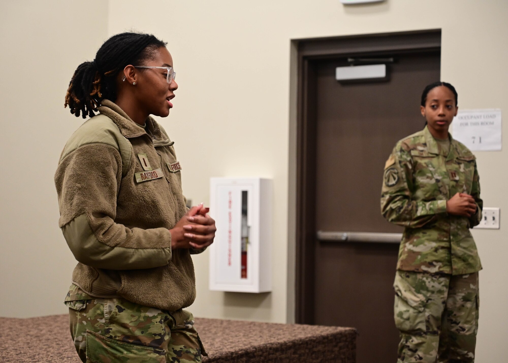 2nd Lt. Deja Rayford, 314th Aircraft Maintenance Squadron section commander, speaks to cadets during a career field brief