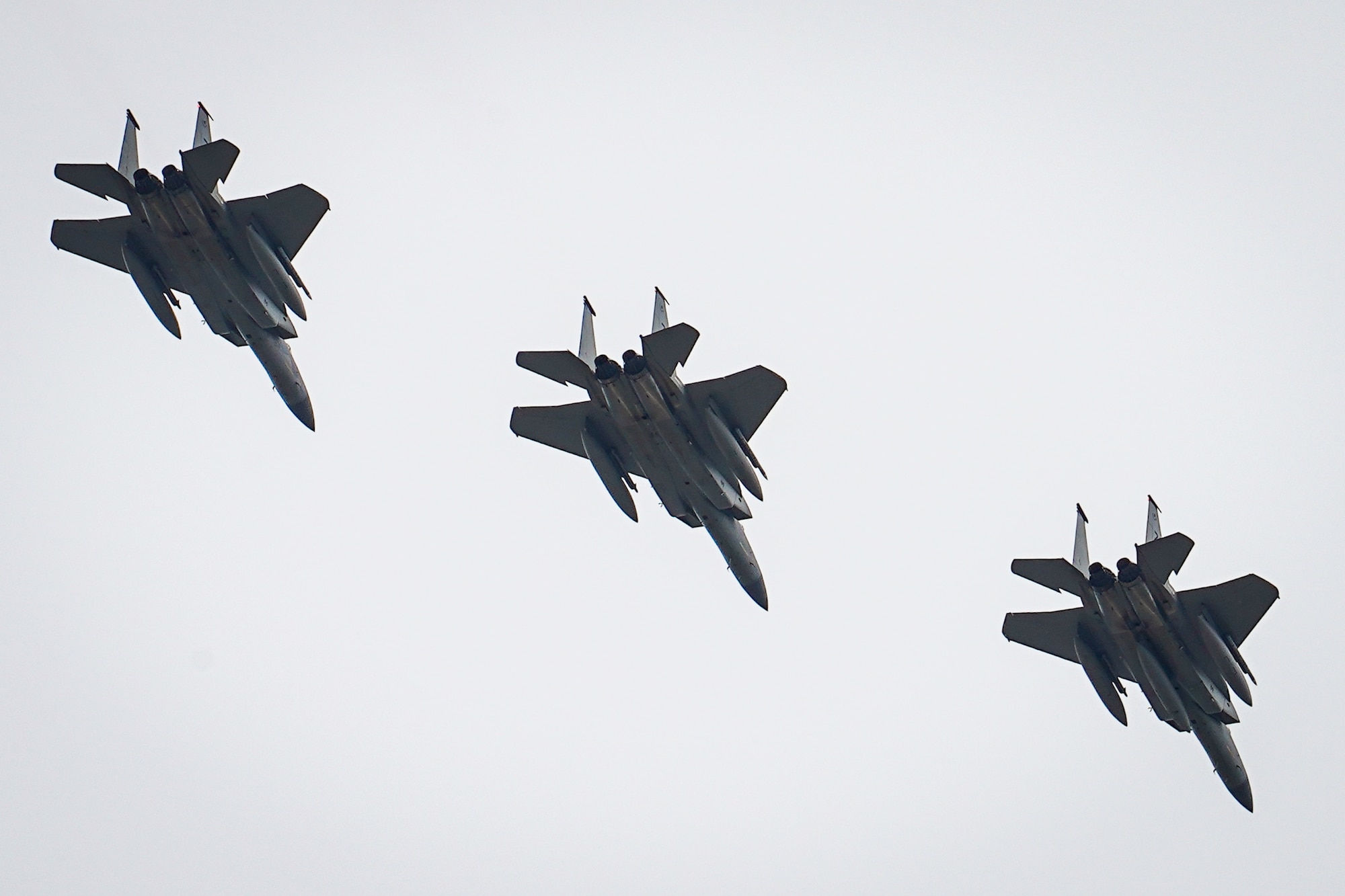 U.S. Air Force F-15C Eagles assigned to the 44th Fighter Squadron, Kadena Air Base, Japan prepare to land at Japan Air Self-Defense Force Tsuiki Air Base, Fukuoka, Japan as part of the aviation training relocation program, March 17, 2022. ATR is a result of the May 2006 United States-Japan roadmap for realignment implementation, a bilateral program aimed at increasing operational readiness and improving interoperability. (U.S. Air Force photo by Staff Sgt. Kyle Johnson)