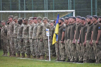 The California Army National Guard's 115th Regional Support Group took part in the opening ceremonies of Rapid Trident 2019 at the International Peacekeeping Security Centre (IPSC) near Yavoriv, Ukraine, Sept. 16, 2019. Rapid Trident is an annual, multinational exercise that supports joint combined interoperability among the partner militaries of Ukraine and the United States, as well as Partnership for Peace nations and NATO allies.