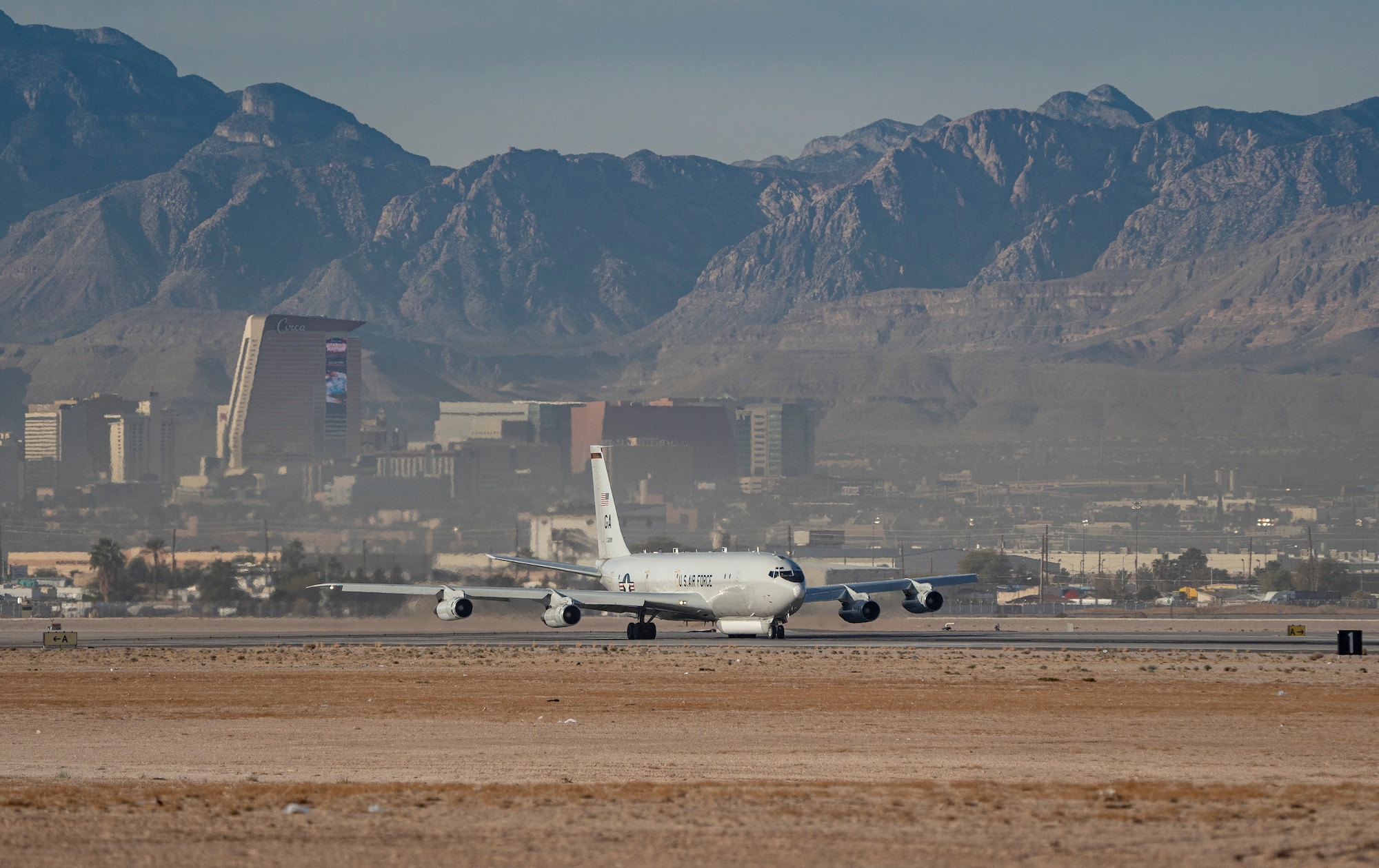 An E-8C Joint Surveillance Target Attack Radar System aircraft assigned to the 116th Air Control Wing, takes-off for a Weapons School Integration mission at Nellis Air Force Base, Nevada, Dec. 6, 2021. The E-8C JSTARS is an airborne battle management, command and control, intelligence, surveillance and reconnaissance platform. (U.S. Air Force photo by William Lewis)