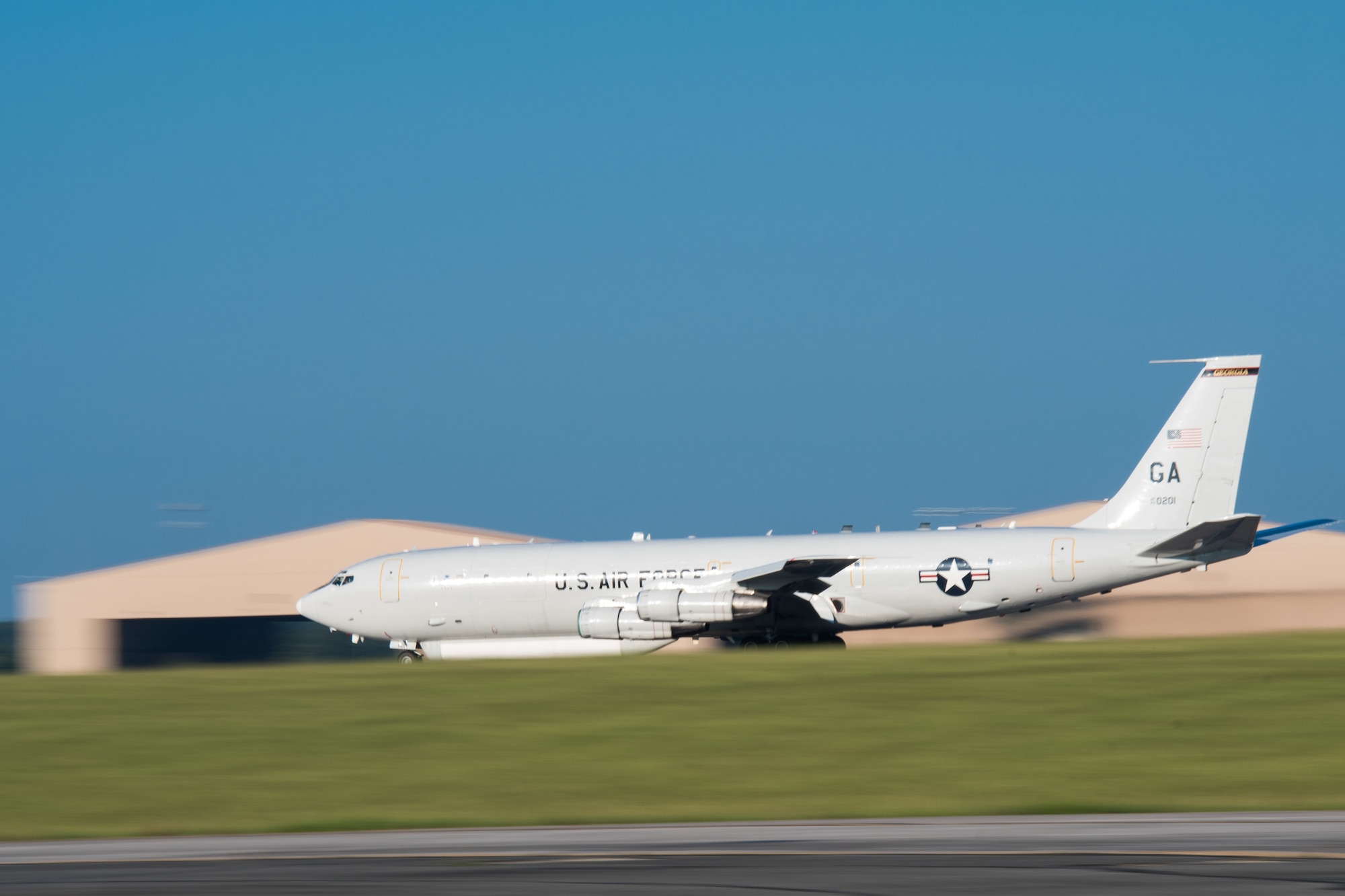 An E-8C Joint STARS taxis down the runway during a morning mission at Robins Air Force Base, Ga., July 20, 2017. Team JSTARS; consisting of the 116th Air Control Wing (ACW), Georgia Air National Guard, active-duty 461st ACW and Army JSTARS, provides joint airborne command and control, intelligence, surveillance, and reconnaissance support over land and water to combatant commanders around the globe. The Total Force Integration unit operates the world’s only Joint STARS weapon system based out of Robins Air Force Base. (U.S. Air National Guard photo by Senior Master Sgt. Roger Parsons)