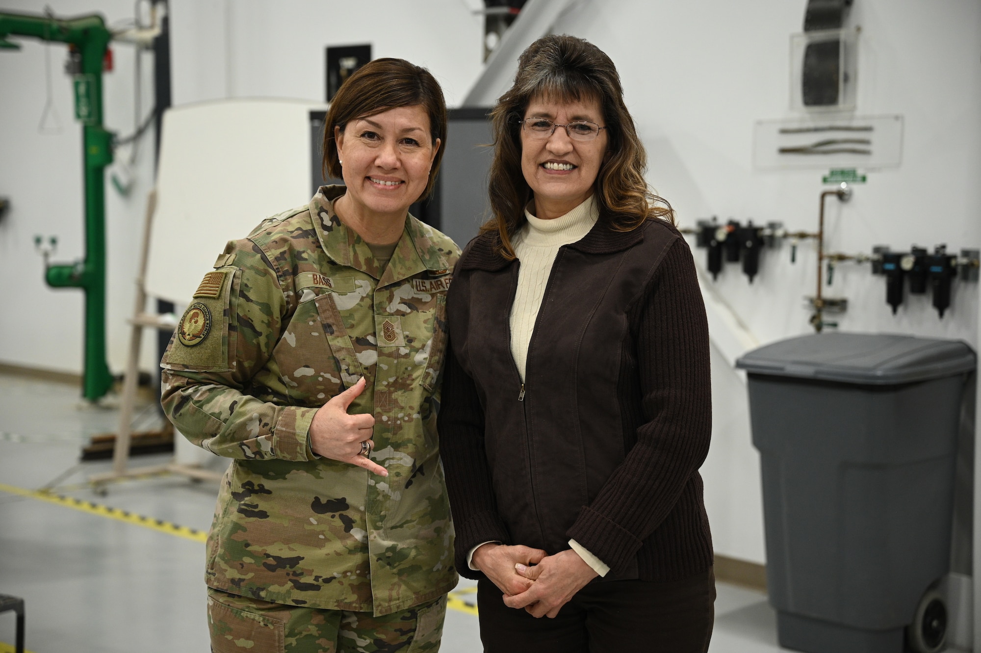 Chief Master Sgt. of the Air Force JoAnne S. Bass poses for a photo with Bonnie Sill.