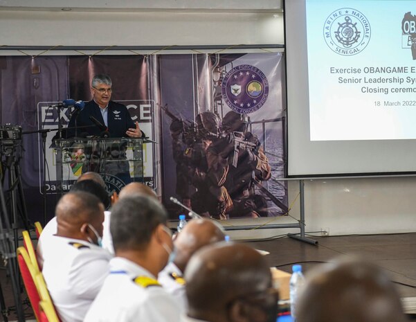 U.S. Air Force Lt. Gen. Kirk Smith, deputy commander, U.S. Africa Command, speaks during the closing ceremony of Exercise Obangame Express 2022 at the Senegalese Naval Headquarters, in Dakar, Senegal, Mar. 18, 2022.