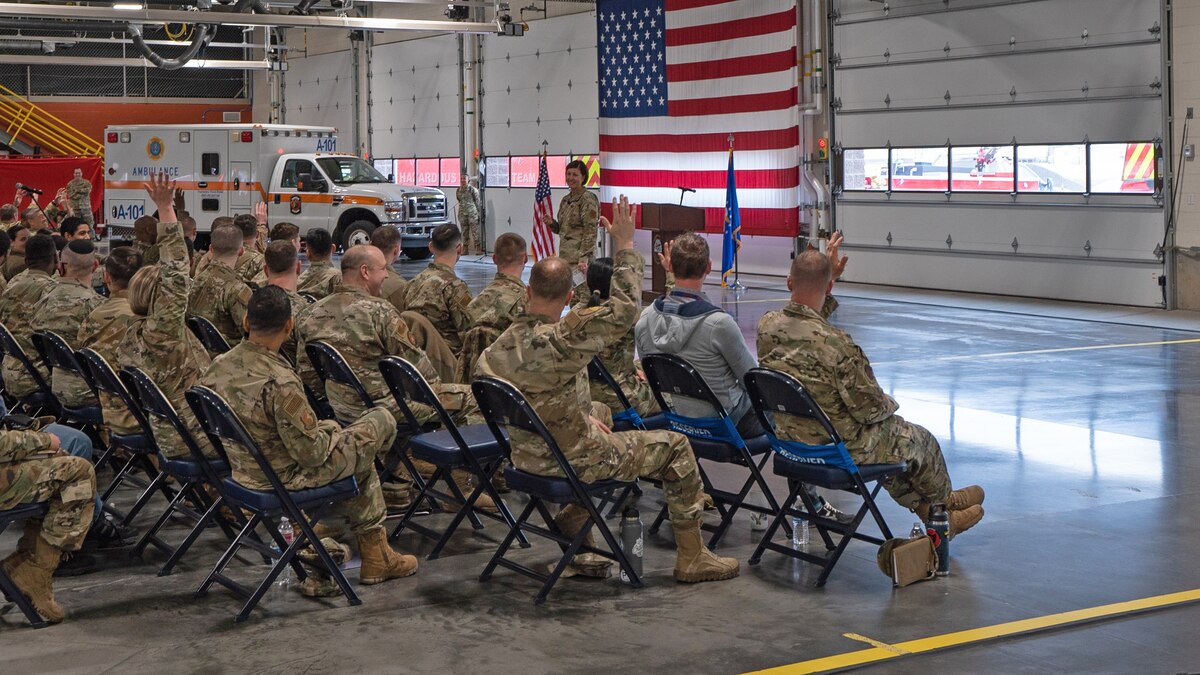 Chief Master Sgt. of the Air Force JoAnne S. Bass speaks with Hill Air Force Base Airmen and Guardians during an all-call at Hill AFB, Utah, March 15, 2022. Bass provided insight on Air Force policies and culture, and opened the floor to hear about challenges, concerns and wins from Hill AFB personnel. (U.S. Air Force photo by Airman 1st Class Joshua M. Carroll)