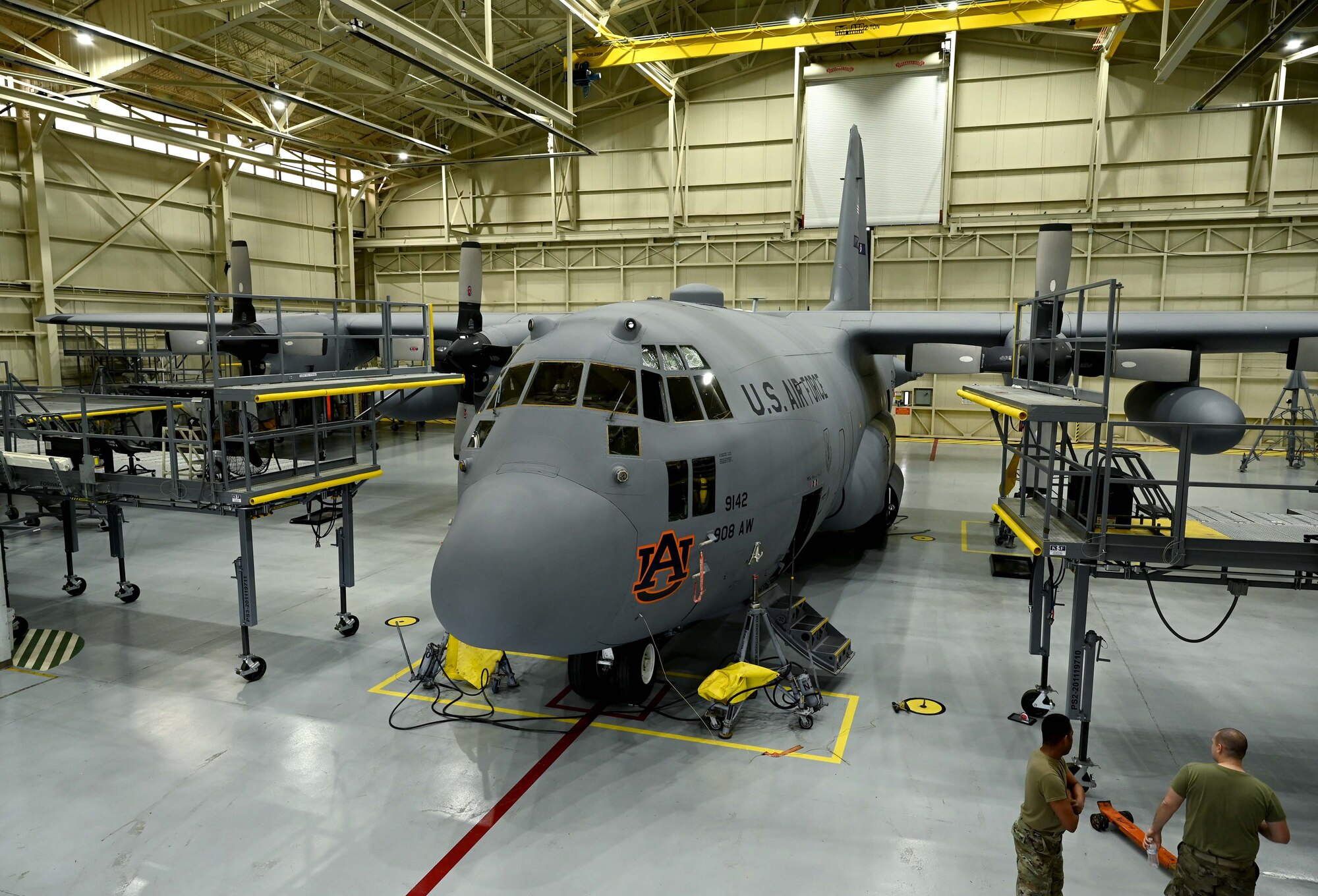 One of the 908th Airlift Wing’s C-130H Hercules sits in the isochronal inspection hanga