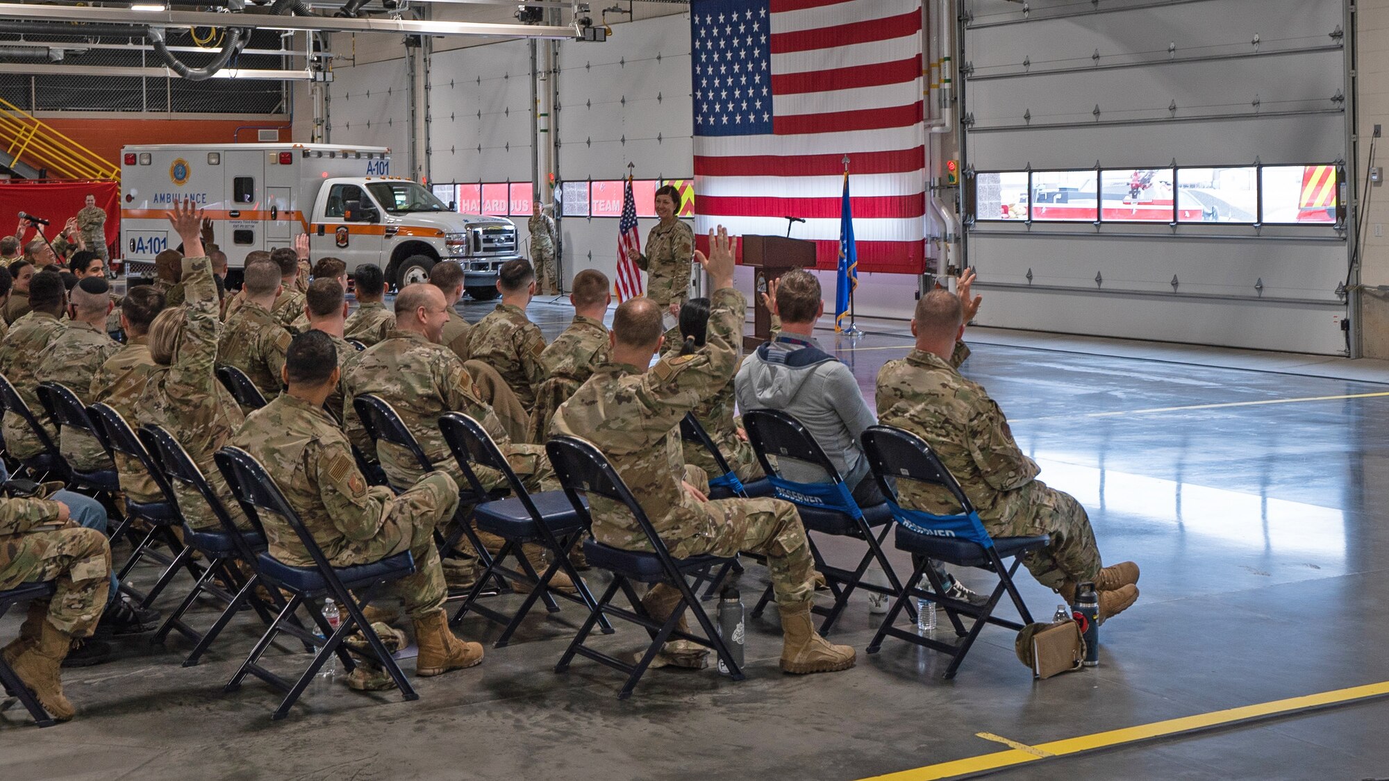 Chief Master Sgt. of the Air Force JoAnne S. Bass speaks with Hill Air Force Base Airmen and Guardians during an all-call at Hill AFB, Utah, March 15, 2022. Bass provided insight on Air Force policies and culture, and opened the floor to hear about challenges, concerns and wins from Hill AFB personnel. (U.S. Air Force photo by Airman 1st Class Joshua M. Carroll)