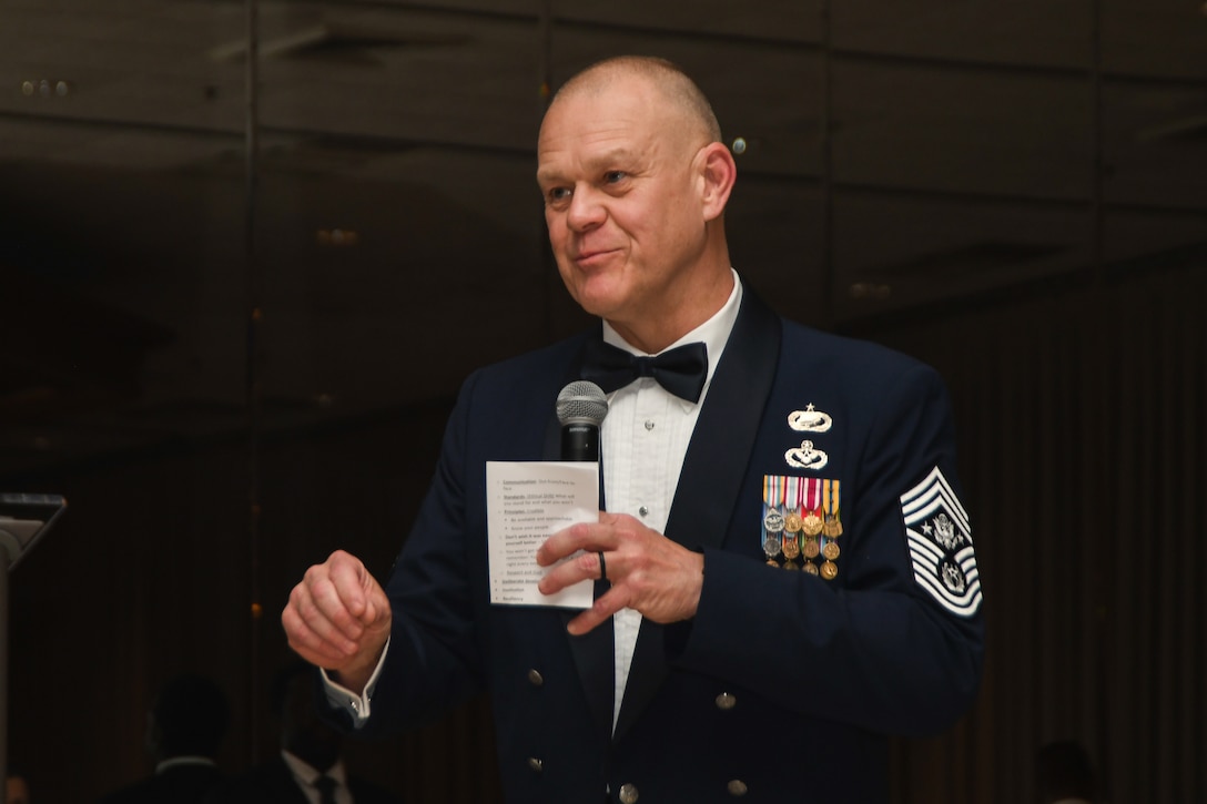 Chief Master Sergeant of the Air Force James Roy gives a speech about Chief Master Sergeant roles and responsibilities during a Chief Recognition Ceremony at Martin’s Crosswinds in Greenbelt, Md., March 18, 2022.