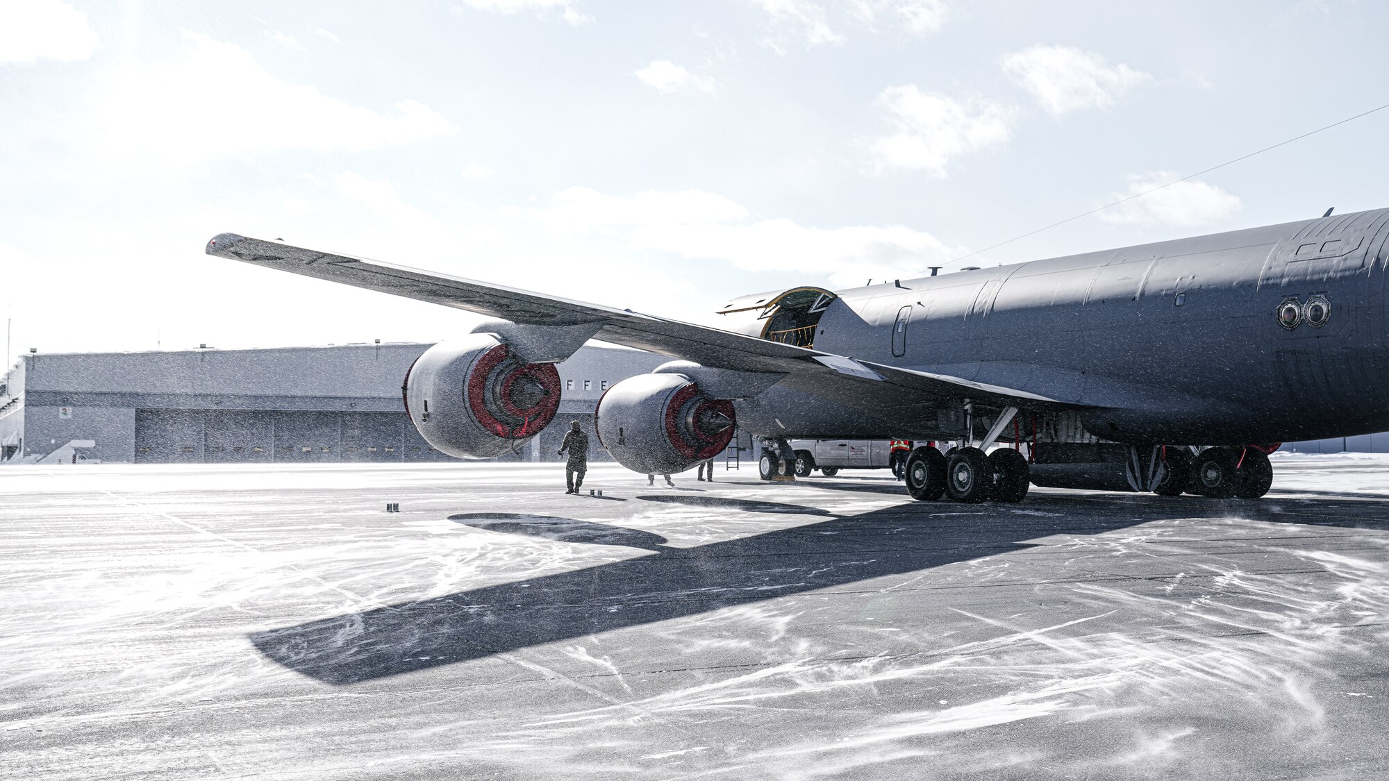 Maintainers assigned to the 6th Maintenance Group perform post-flight duties on a KC-135 Stratotanker aircraft assigned to the 6th Air Refueling Wing during North American Aerospace Defense Command's (NORAD) Operation Noble Defender (OND), March 15, 2022.