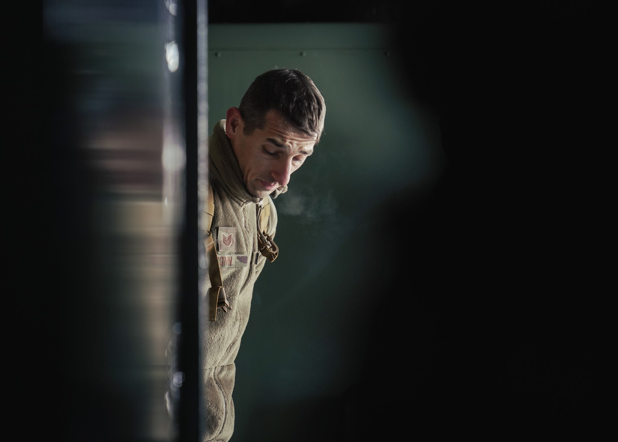 U.S. Air Force Tech. Sgt. Wayne Conn, 6th Aircraft Maintenance Squadron crew chief, awaits deboarding a KC-135 Stratotanker aircraft assigned to the 6th Air Refueling Wing during North American Aerospace Defense Command's (NORAD) Operation Noble Defender (OND), March 15, 2022.