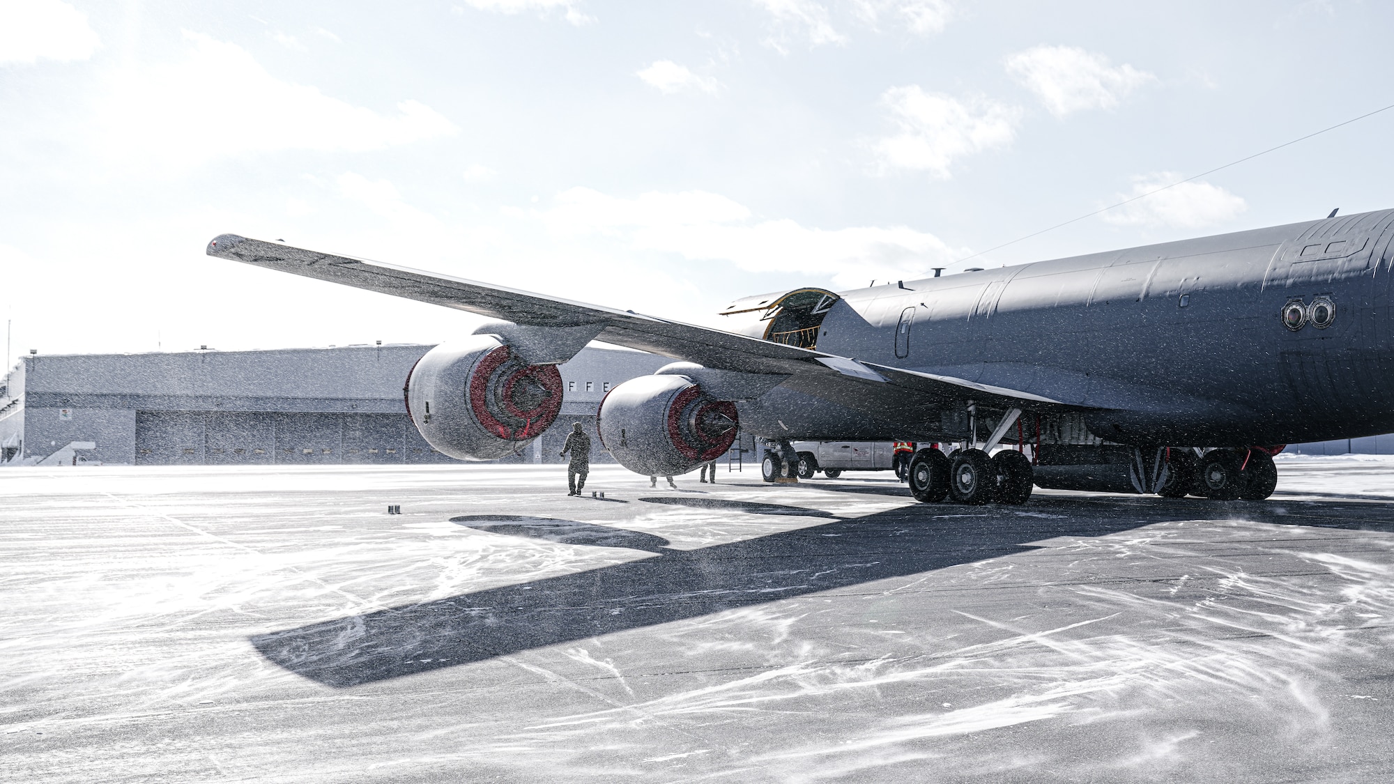 Maintainers assigned to the 6th Maintenance Group perform post-flight duties on a KC-135 Stratotanker aircraft assigned to the 6th Air Refueling Wing during North American Aerospace Defense Command's (NORAD) Operation Noble Defender (OND), March 15, 2022.