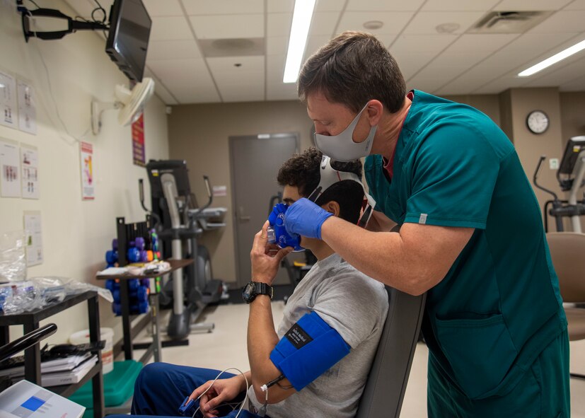 Pulmonary trains with new equipment for a Cardiopulmonary Exercise Test. The CPET is a clinical tool that evaluates exercise capacity and determine cardiac or lung conditions. It assesses the patient's exercise responses involving the pulmonary, cardiovascular and skeletal muscle systems.