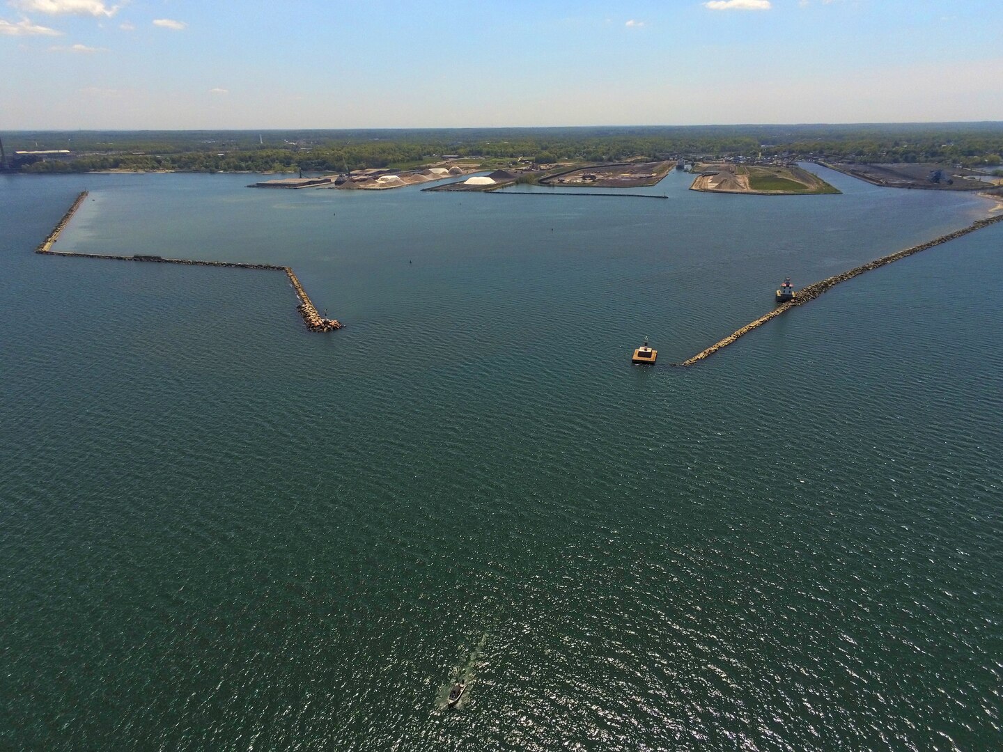 A federal navigation channel in a harbor on Lake Erie.