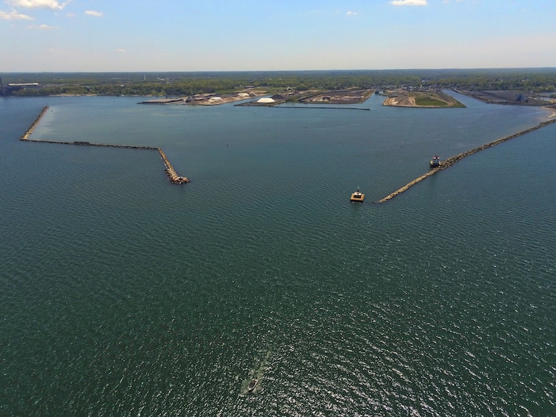 A federal navigation channel in a harbor on Lake Erie.