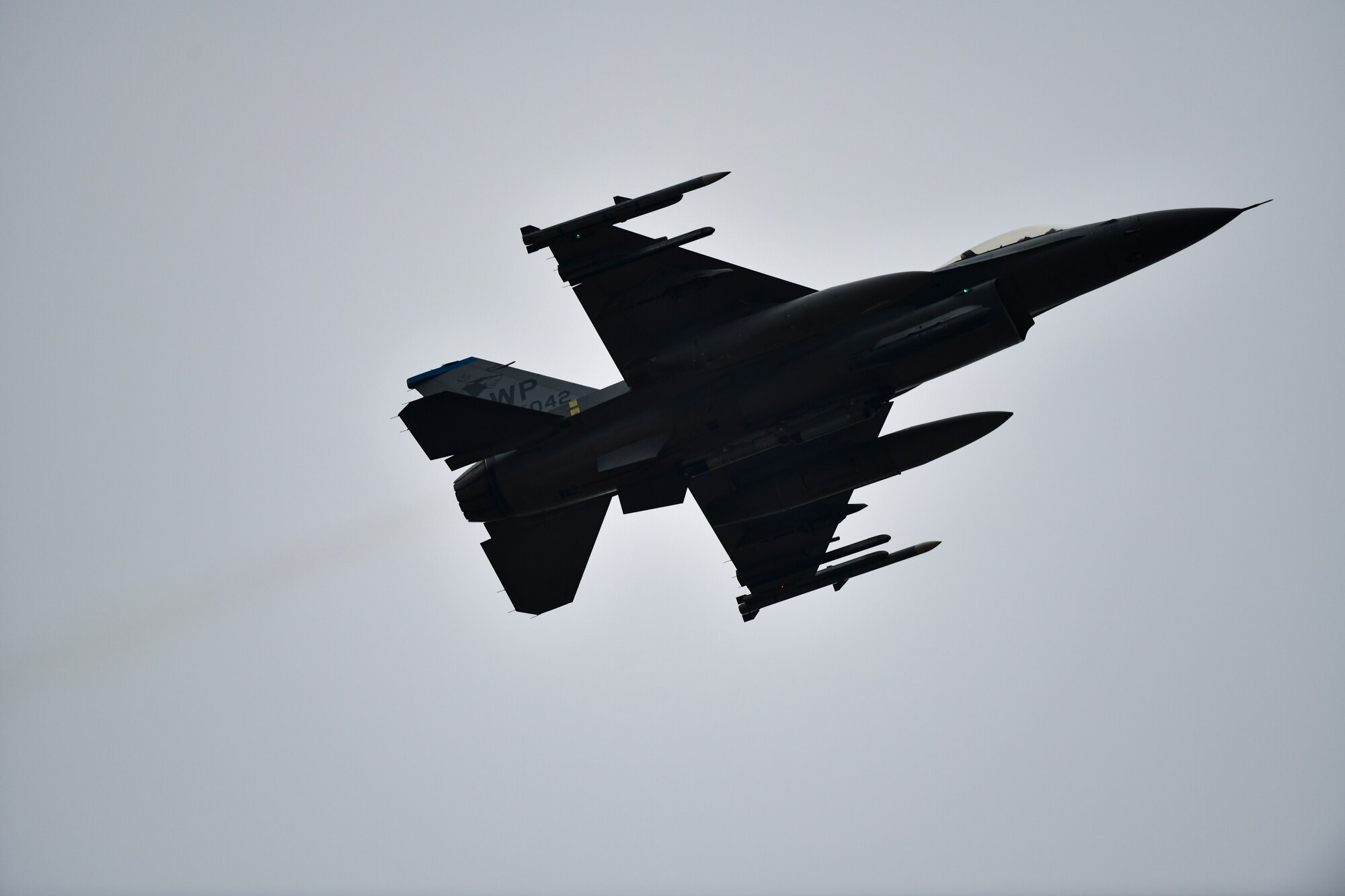 A jet flies.