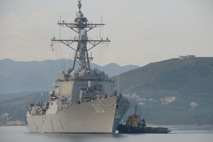 The Arleigh Burke-class guided-missile destroyer USS Roosevelt (DDG 80) arrives in Souda Bay, Greece, for a logistics and maintenance period, April 14, 2021.