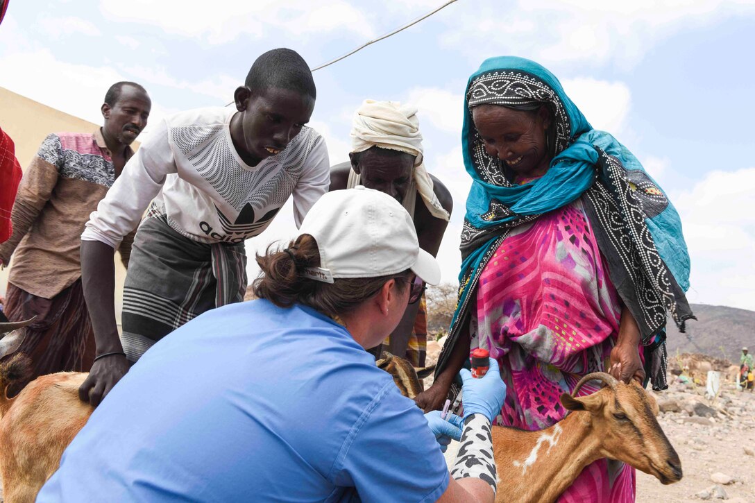 A soldier marks a goat as others stand around.