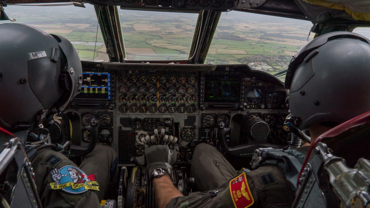 Pilots prepare to land a B-52H Stratofortress.