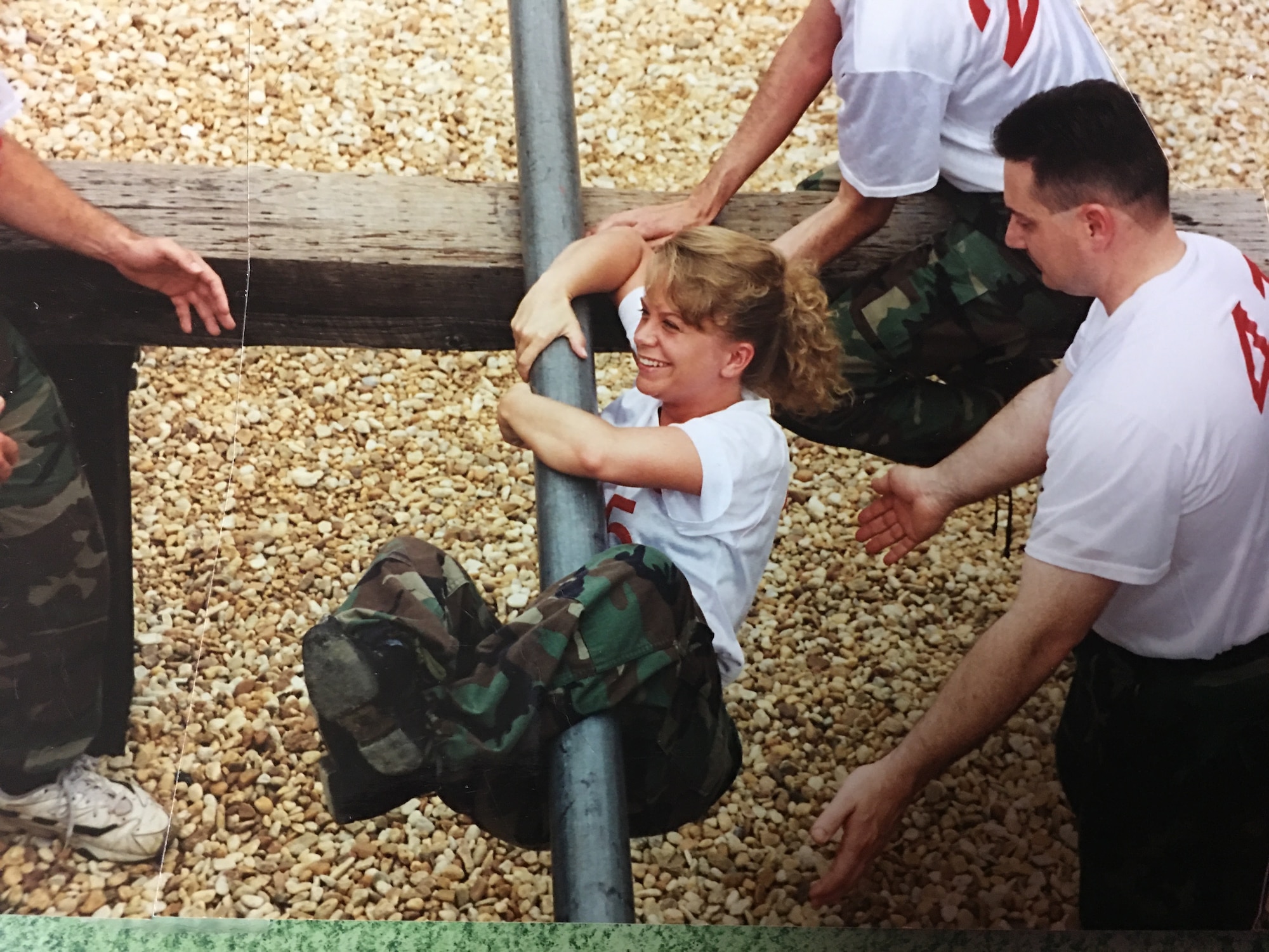 Tammy Jetton on the pole during Squadron Officers School, trying to be a team player, 1999.