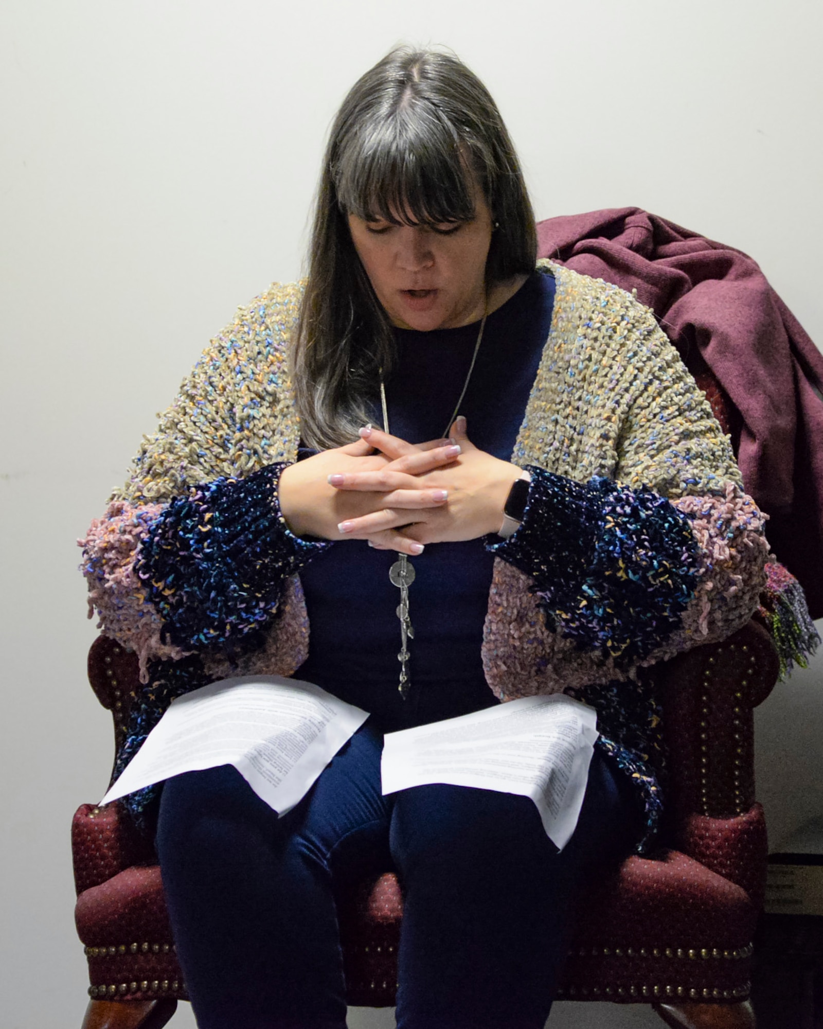 Jennifer Baldwin, 177th Fighter Wing director of psychological health, leads a mindfulness exercise