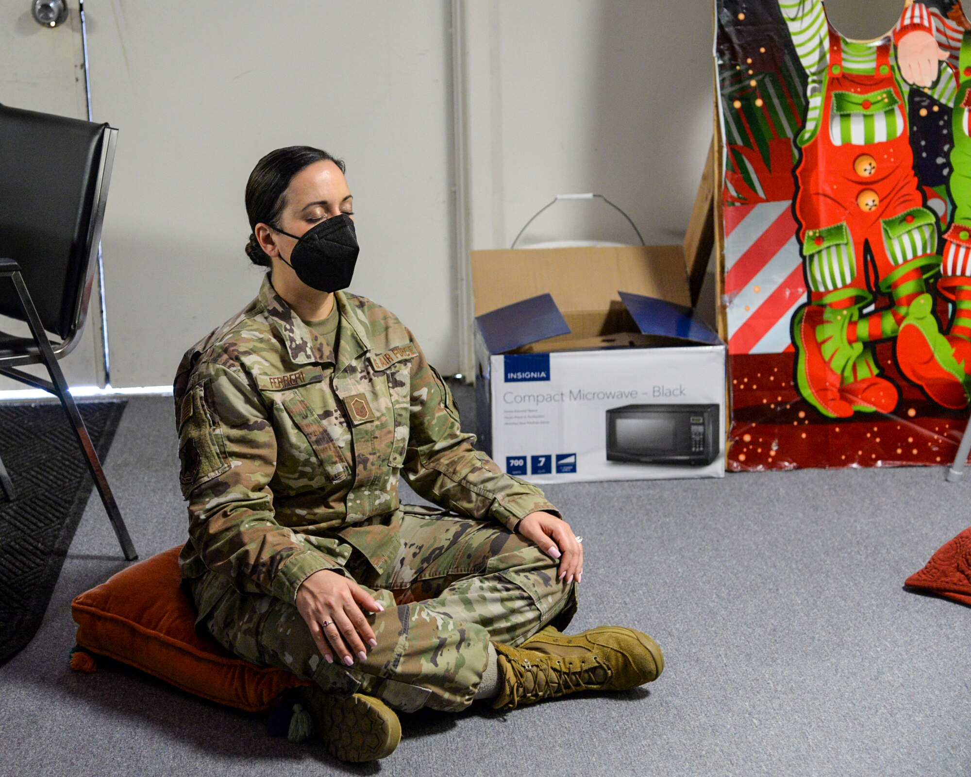 Master Sgt. Denise Ferreri, 177th Fighter Wing inspector general office inspector, participates in a mindfulness exercise
