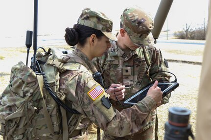 Sgt. Emily Rivas, a cryptologic linguist with the 103rd Brigade Engineer Battalion, 56th Stryker Brigade Combat Team, is one of eight Pennsylvania National Guard members training March 17, 2022, at Fort Indiantown Gap, Pennsylvania, on the new Tactical Dismounted Electronic Warfare and Signals Intelligence system. Pennsylvania is the first National Guard in the country to field the system.