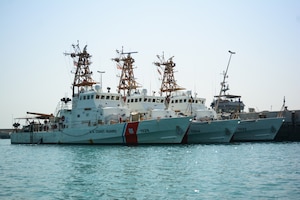 U.S. 5TH FLEET AREA OF OPERATIONS (Feb. 27, 2022) USCGC Monomoy (WPB 1326), USCGC Maui (WPB 1304), and USCGC Wrangell (WPB 1332) sit pierside in the U.S. 5th Fleet Area of Operations. Maui, Monomoy and Wrangell operated in the U.S. 5th Fleet area of operations since 2003 in support of Operation Iraqi Freedom, Enduring Freedom, Inherent Resolve and Spartan Shield.